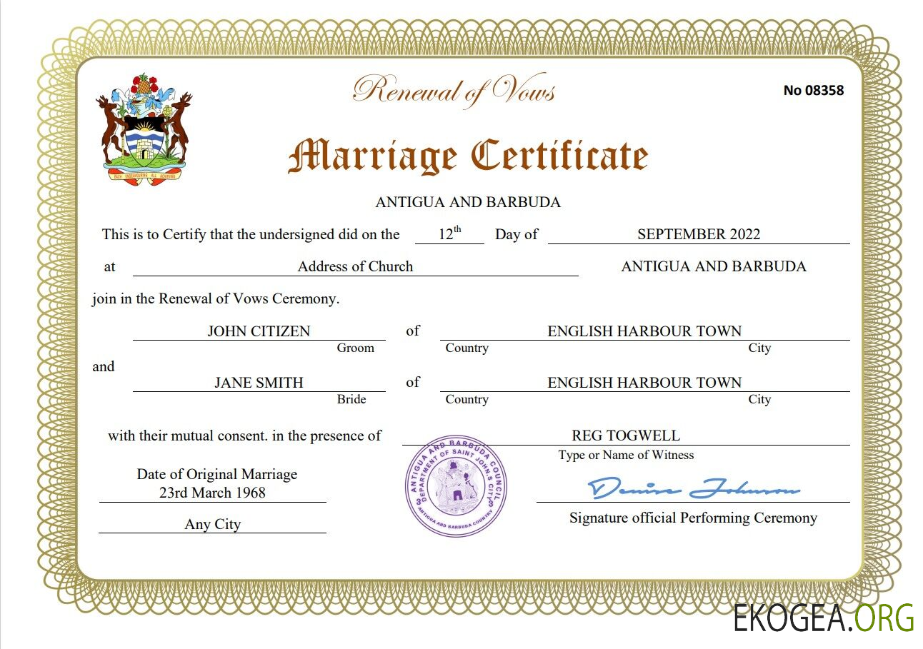 Modèle Word et PDF de certificat de mariage à Antigua et Barbuda